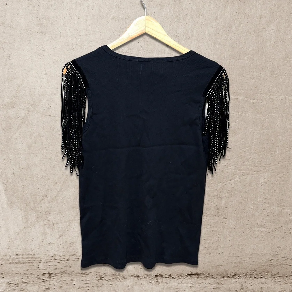 Vocal Black Fringe Sleeve Tank Top. Size Medium - Picture 2 of 5